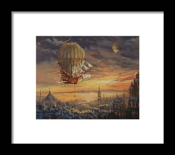 Airship Framed Print featuring the painting In Her Majesty's Service Steampunk Series by Tom Shropshire