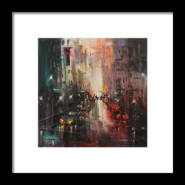 Night City Paintings Framed Print featuring the painting In The City by Tom Shropshire