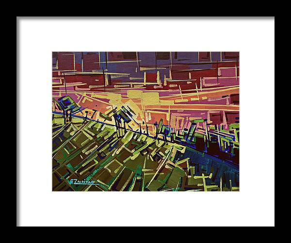 Sunset Framed Print featuring the painting In the middle of the mountain by Enrique Zaldivar