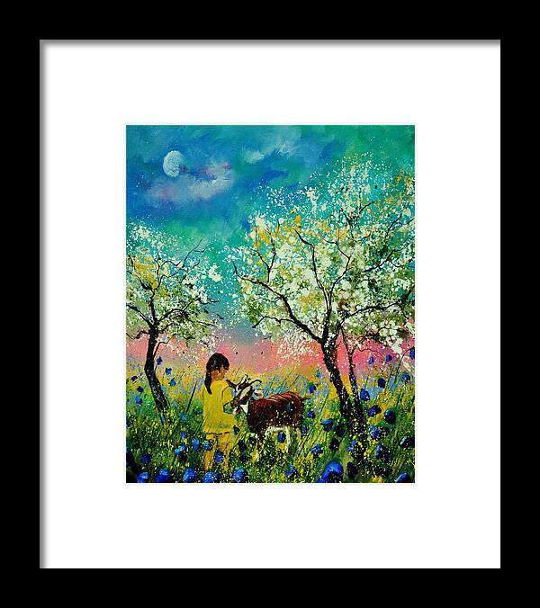 Landscape Framed Print featuring the painting In the orchard by Pol Ledent