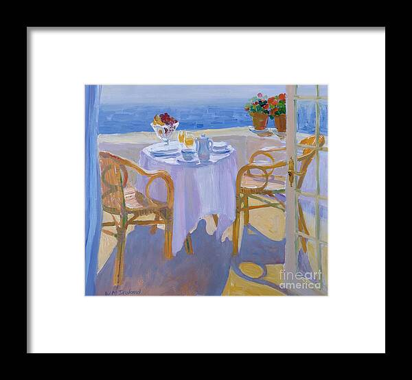 Mediterranean Sea; Terrace; Breakfast Table; Summer; Holiday; Vacation; Balcony; Coast; Coastal; Sunlight; Leisure; Lifestyle; Idyllic; View; Curtain; Glass; Glasses; Plate; Plates; Cup; Bowl; Fruit; Orange Juice; Pot; Pots; Flower; Flowers ; Chair; Chairs Framed Print featuring the painting In the South by William Ireland