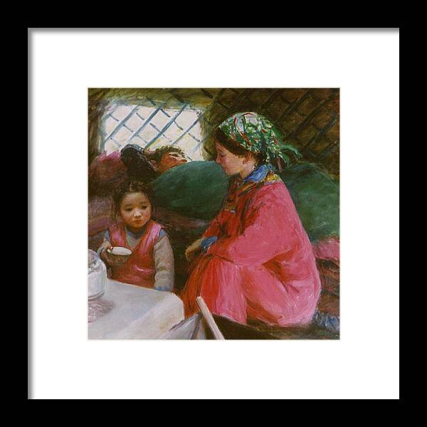 Herds Family Framed Print featuring the painting In The Yurt by Ji-qun Chen