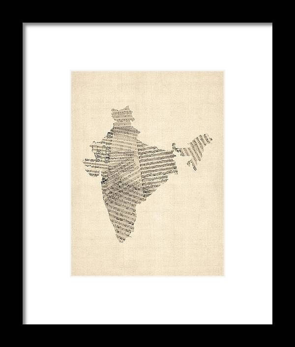 India Map Framed Print featuring the digital art India Map, Old Sheet Music Map of India by Michael Tompsett