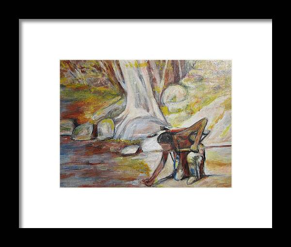 Indian Framed Print featuring the painting Indian at the Water by Denice Palanuk Wilson