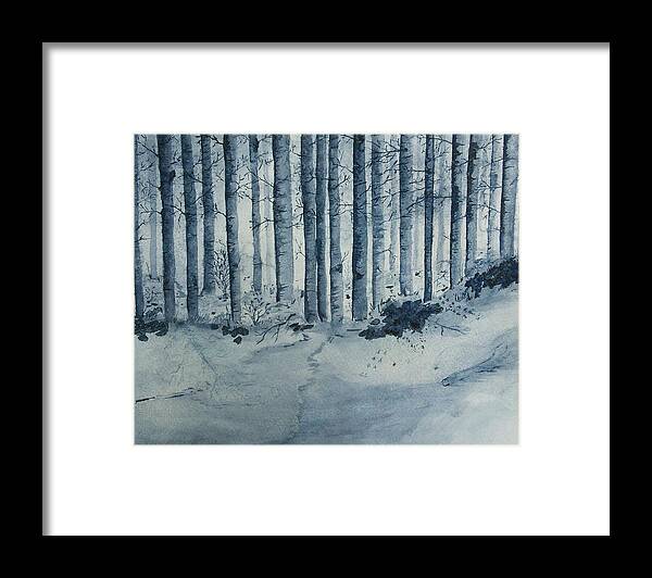 Monochromatic Landscape Framed Print featuring the painting Indigo Forest by Susan Nielsen