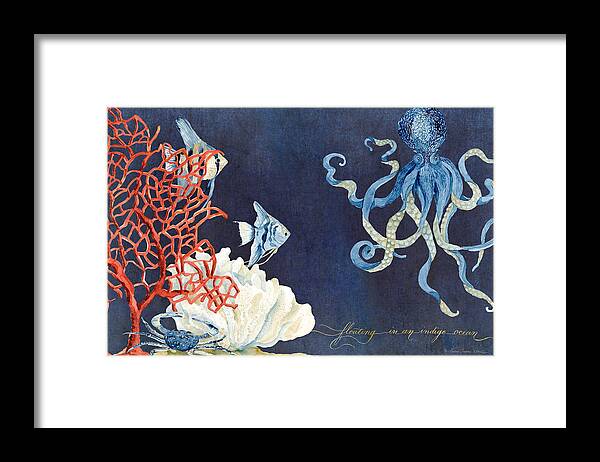 Octopus Framed Print featuring the painting Indigo Ocean - Floating Octopus by Audrey Jeanne Roberts