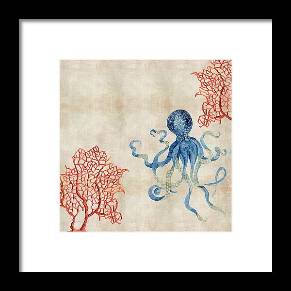 Octopus Framed Print featuring the painting Indigo Ocean - Octopus Floating Amid Red Fan Coral by Audrey Jeanne Roberts
