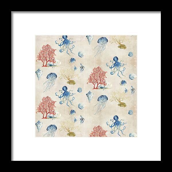 Octopus Framed Print featuring the painting Indigo Ocean - Red Coral Octopus Half Drop Pattern by Audrey Jeanne Roberts