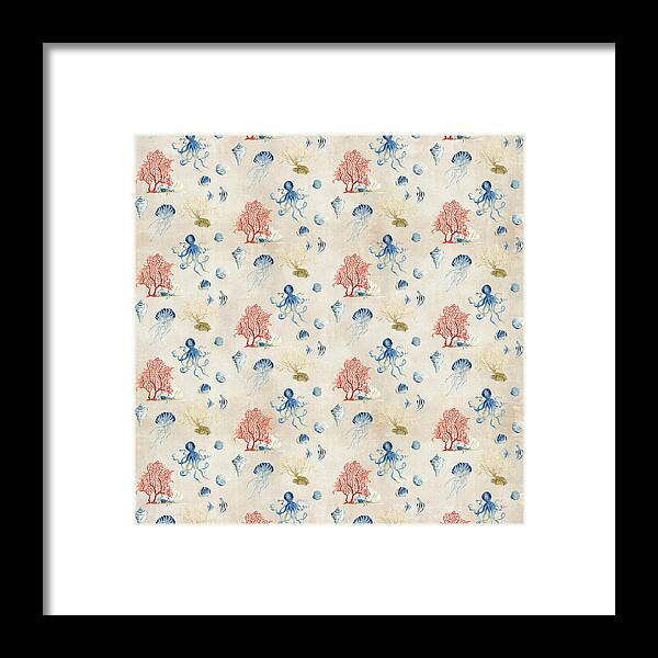 Octopus Framed Print featuring the painting Indigo Ocean - Red Coral Octopus Half Drop Pattern Small by Audrey Jeanne Roberts