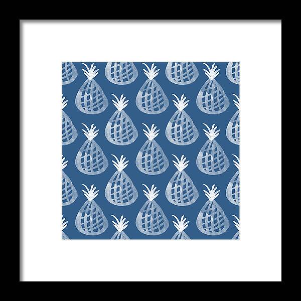 Indigo Framed Print featuring the mixed media Indigo Pineapple Party by Linda Woods