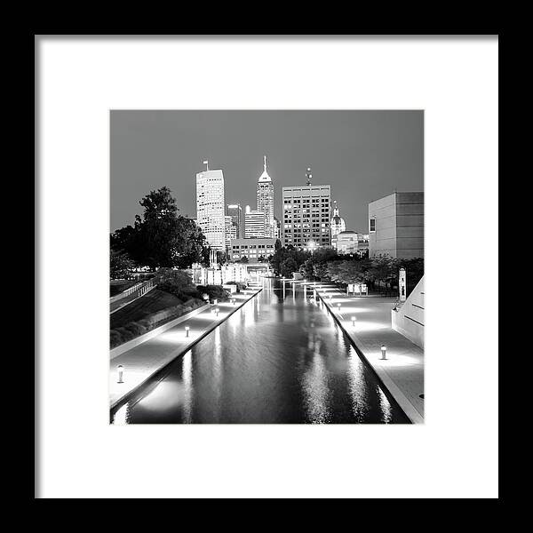 America Framed Print featuring the photograph Indy City Skyline - Indianapolis Indiana Black-White 1x1 by Gregory Ballos