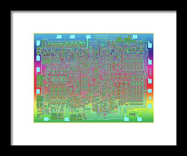 Intel Framed Print featuring the digital art Intel 4004 CPU 4 bit Central Processing Unit CPU Computer Chip Integrated Circuit Mask, Abstract 5 by Kathy Anselmo