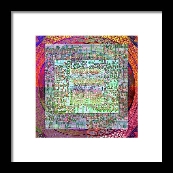 Intel Cpu Framed Print featuring the digital art Intel 4004 CPU Silicon Wafer computer Chip Integrated Circuit Mask Abstract, Composition 1 by Kathy Anselmo