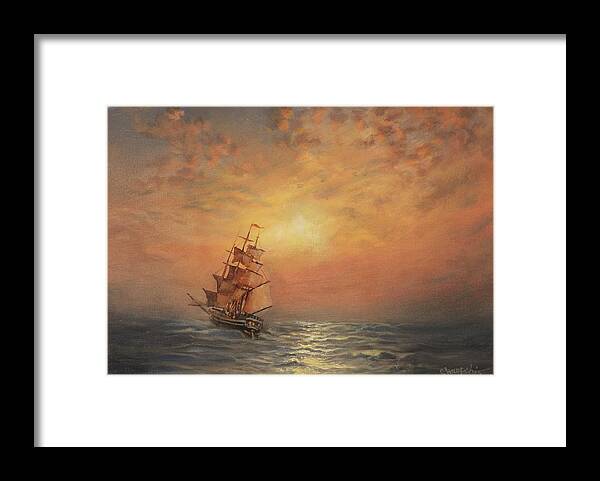 Sailing Ship Framed Print featuring the painting Into the Sunset by Tom Shropshire