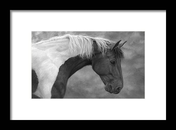 Horse Framed Print featuring the painting Intrigued - Black and White by Lucie Bilodeau