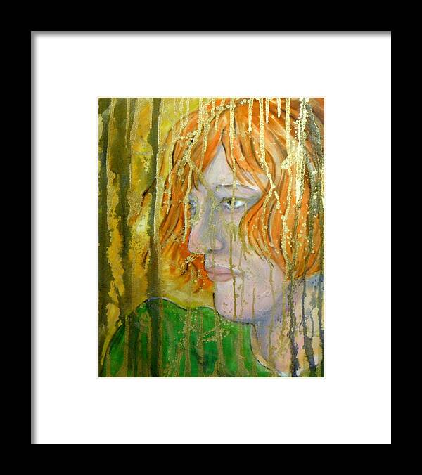 Girl Woman Face Hair Eyes Nose Mouth Chin Neck Shoulder Portrait Light Shadow Yellow Green Blue Purple Pink Yellow Gold Grey Profile Orange Brown Framed Print featuring the painting Introspect by Ida Eriksen