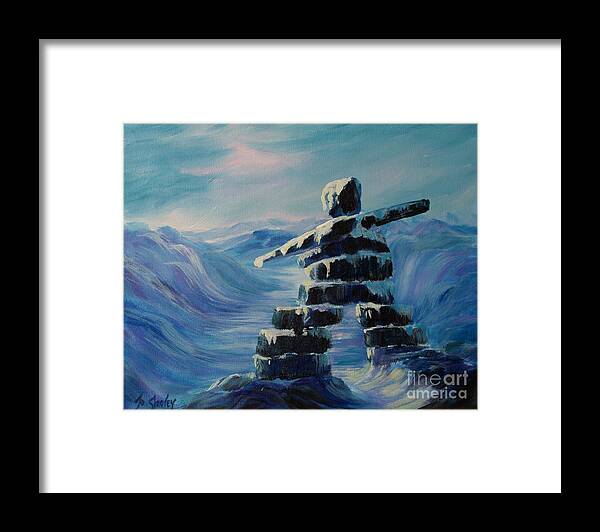 Inukshuk In Northern Canada Framed Print featuring the painting Inukshuk My Northern Compass by Jo Smoley