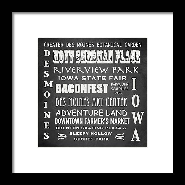 Des Moines Framed Print featuring the digital art Iowa Famous Landmarks by Patricia Lintner