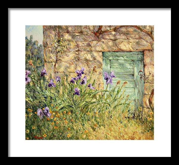 Irises Framed Print featuring the painting Irises at the old barn by Pierre Dijk