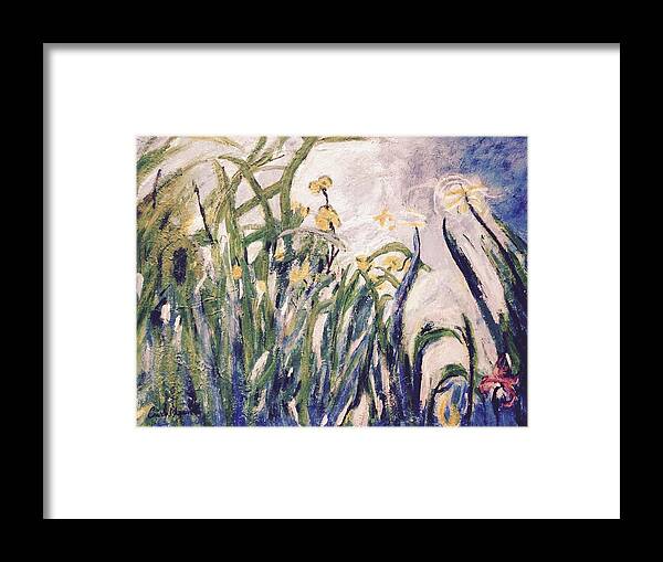Iris Flowers And Leaves Framed Print featuring the painting Irises Revisited by Cynthia Morgan