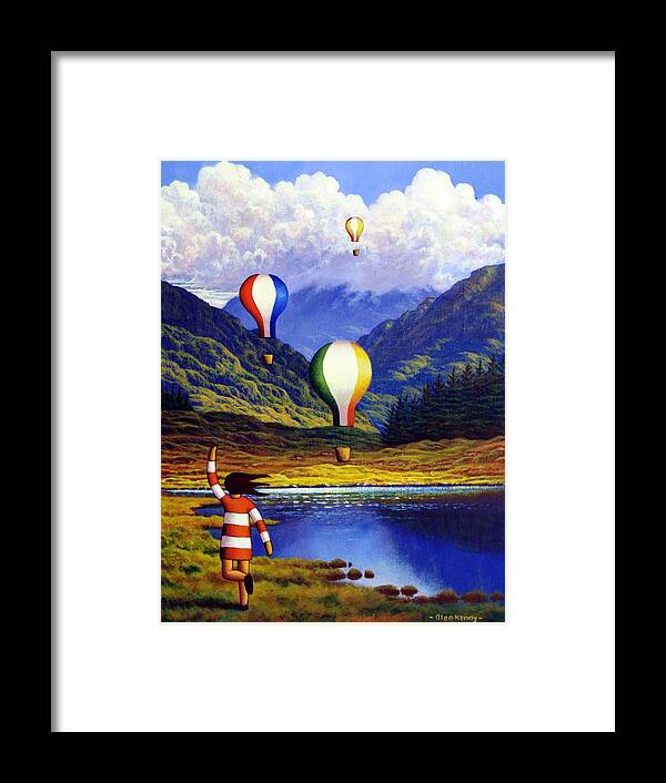 Irish Framed Print featuring the painting Irish Landscape With Girl And Balloons By Lake by Alan Kenny