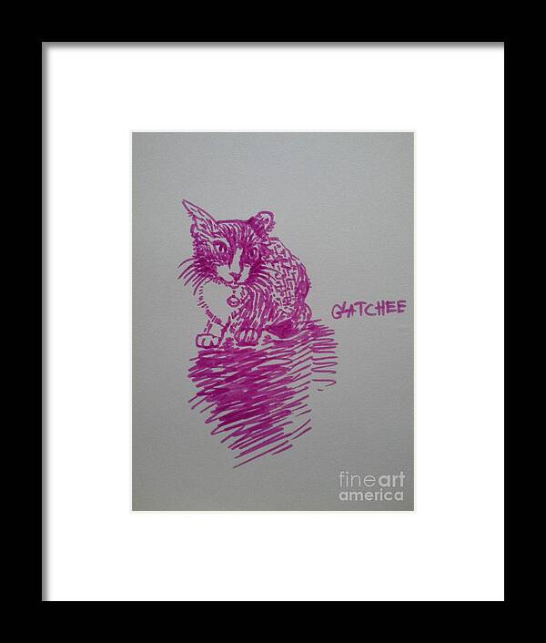 Cat Framed Print featuring the drawing It has a cat named GATchee by Sukalya Chearanantana