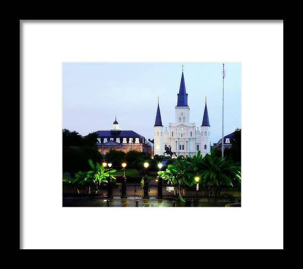 Nola Framed Print featuring the photograph Jackson Square Glistening at Dawn by Walter E Koopmann