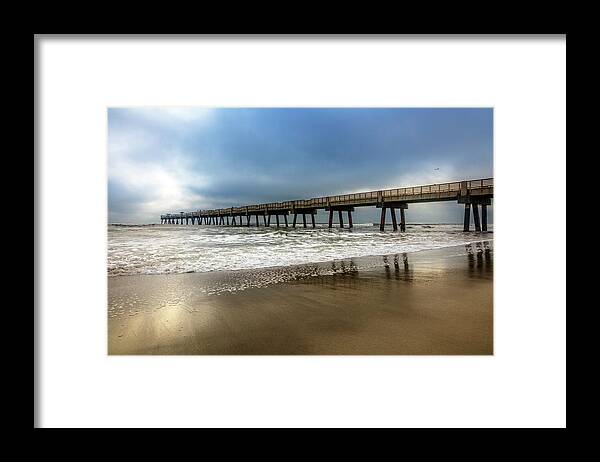 Clouds Framed Print featuring the photograph Jacksonville Pier in the Fog at Dawn by Debra and Dave Vanderlaan