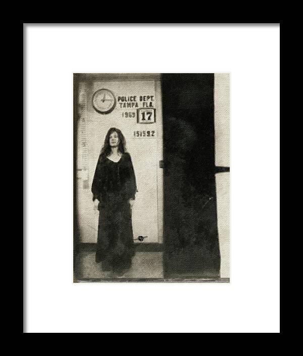 Janis Joplin Framed Print featuring the painting Janis Joplin Mug Shot Standing 1969 Painting tan Black by Tony Rubino