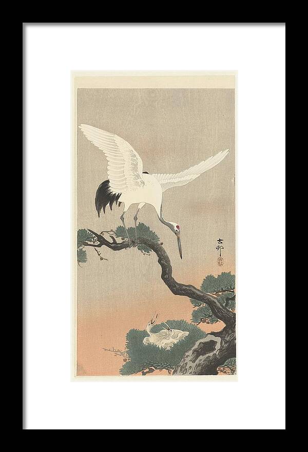 Japanese Crane On Branch Of Pine Framed Print featuring the painting Japanese crane on branch by Eastern Accent 