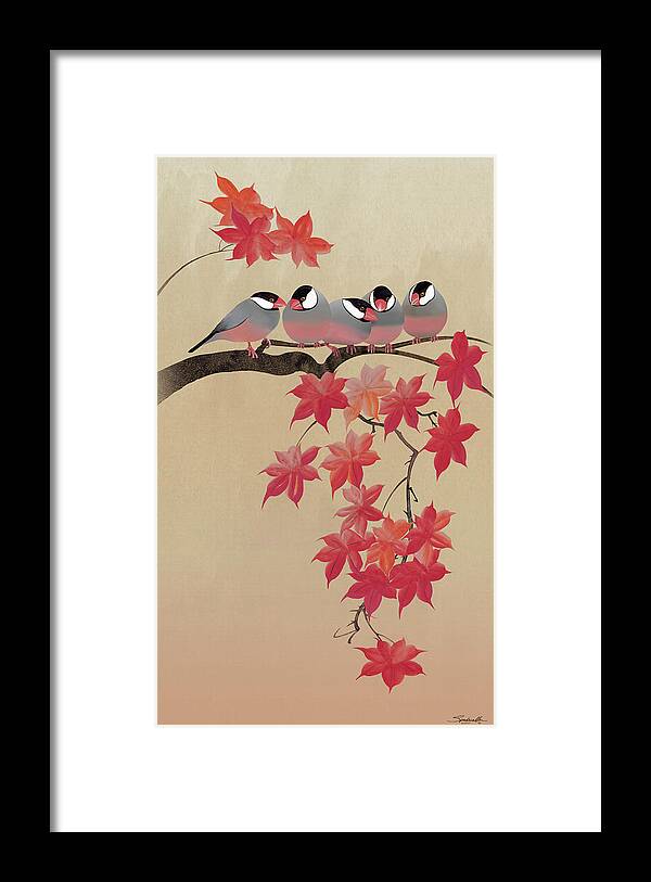 Bird Framed Print featuring the digital art Java Sparrows in Japanese Maple Tree by M Spadecaller