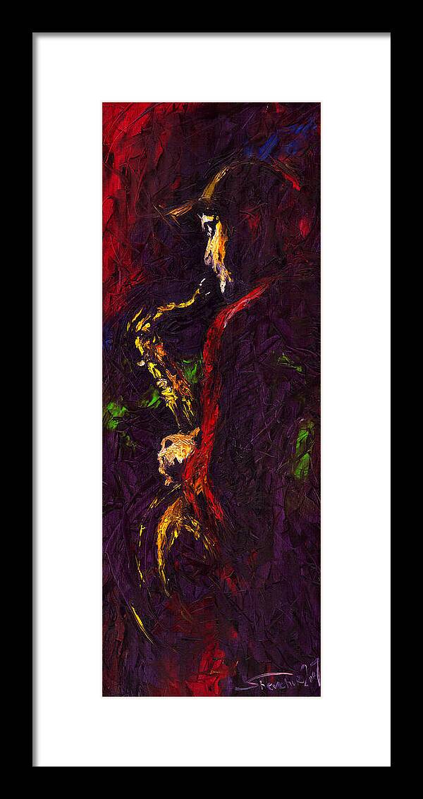 Jazz Framed Print featuring the painting Jazz Red Saxophonist by Yuriy Shevchuk