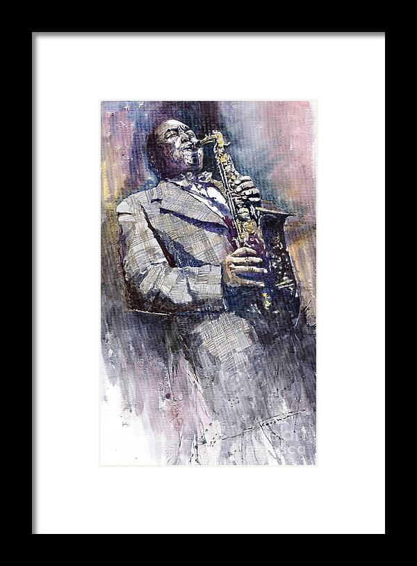Watercolor Framed Print featuring the painting Jazz Saxophonist Charlie Parker by Yuriy Shevchuk