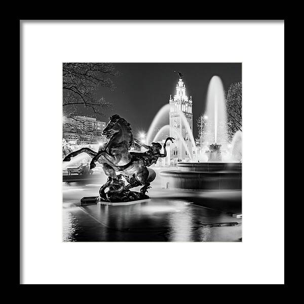 Missouri Fountain Framed Print featuring the photograph J.C. Nichols Fountain and Statues - Square Format - Black and White Edition by Gregory Ballos