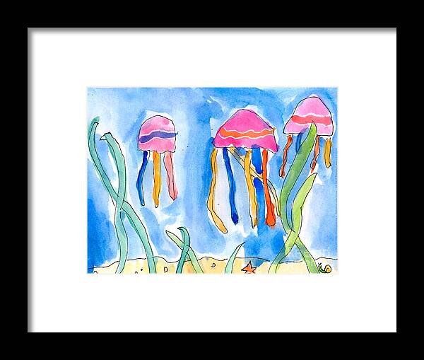 Undersea Framed Print featuring the painting Jellyfish by Emily Graham Age Six
