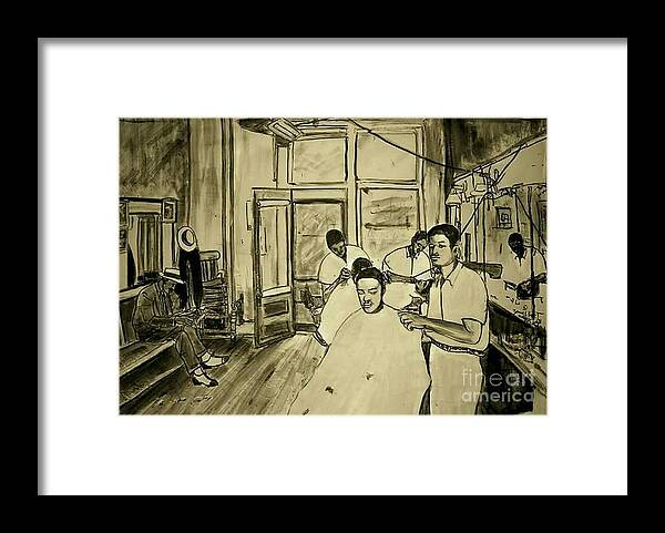Barber Shop Hair Framed Print featuring the painting Jesse's Paradise Barbershop by Tyrone Hart