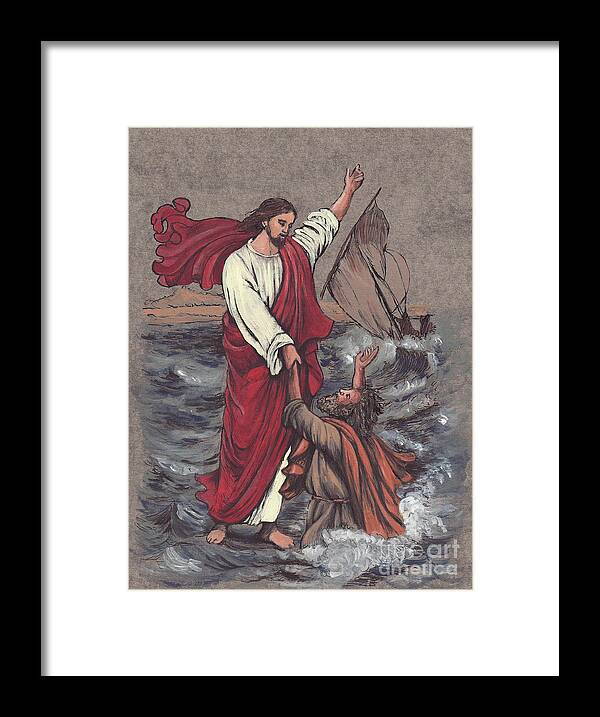 Jesus Framed Print featuring the painting Jesus Saves Peter by Morgan Fitzsimons