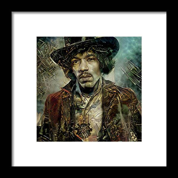 Jimi Hendrix Framed Print featuring the mixed media Jimi Hendrix Steampunk style by Lilia S