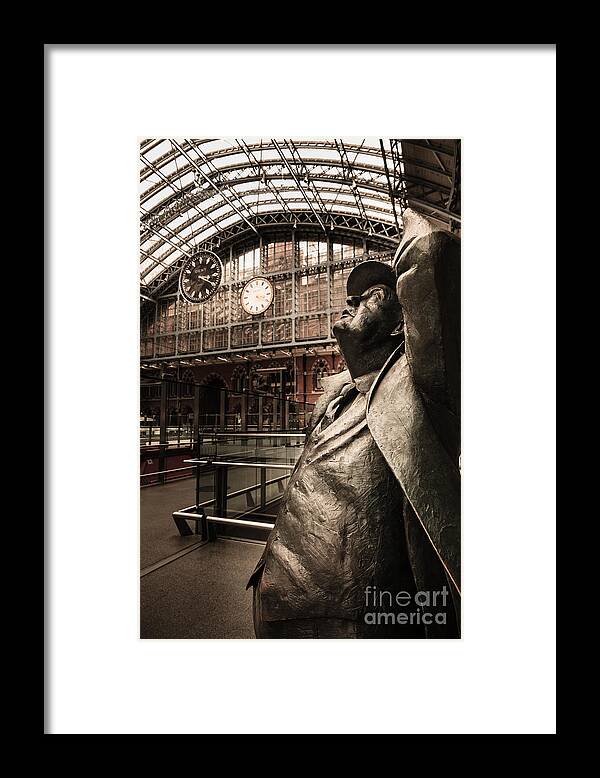 British Framed Print featuring the photograph John Betjeman and Dent clockat St Pancras Railway Station by Peter Noyce