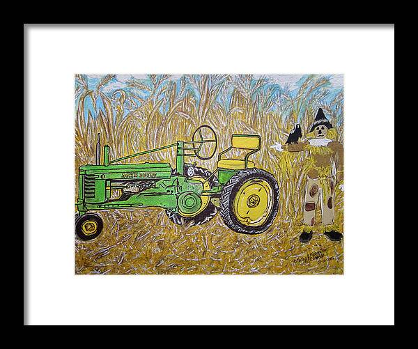 John Deere Framed Print featuring the painting John Deere Tractor and the Scarecrow by Kathy Marrs Chandler