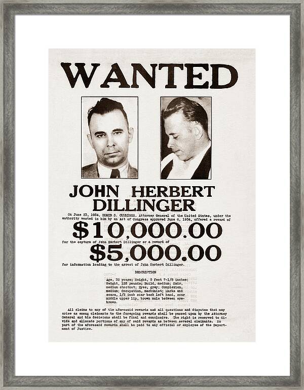 LOOKS AWESOME FRAMED CLASSIC B&W IMAGE JOHN DILLINGER 10X6 WANTED POSTER PHOTO 