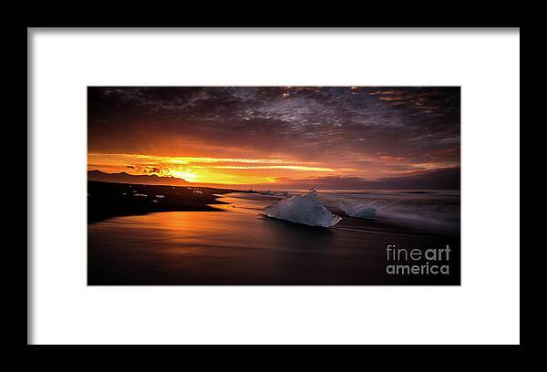 Iceland Beach Framed Print featuring the photograph Jokulsarlon Sunrays Sunrise Beach Ice by Mike Reid