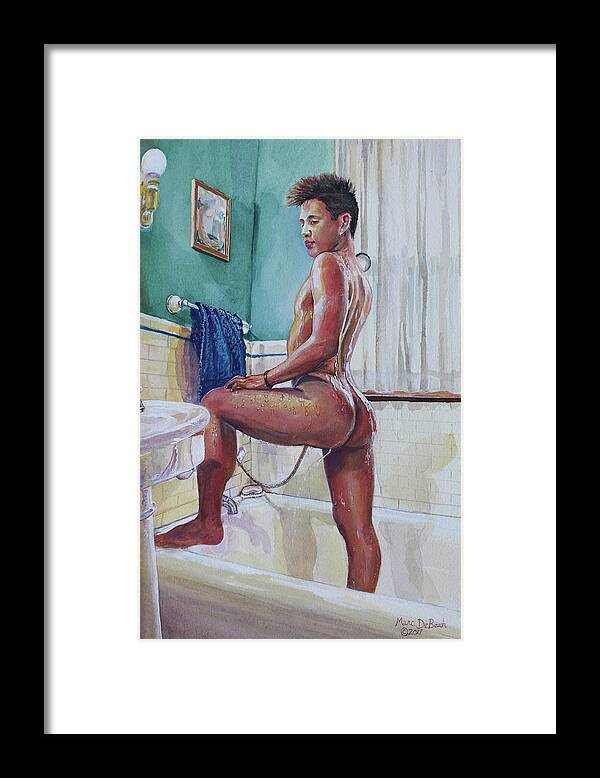 Male Nude Framed Print featuring the painting Jon in the Bathtub by Marc DeBauch