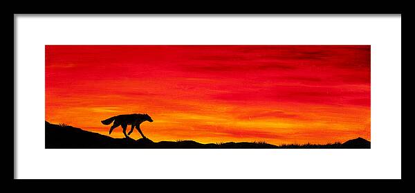 Wolf Canine Dog Fox Coyote Sunset Sundown Dusk Home Silhouette Red Sky Clouds Framed Print featuring the painting Journey Home by Beth Davies