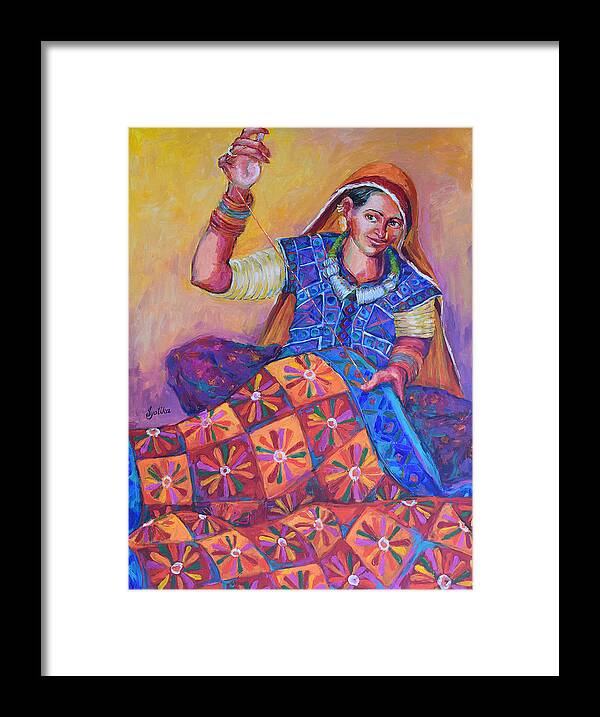 Tribal Woman Framed Print featuring the painting Joy of Quilting by Jyotika Shroff
