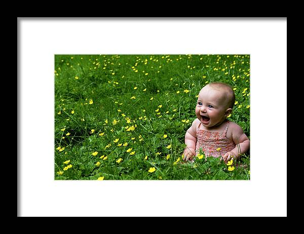 Baby Framed Print featuring the photograph Joyful Baby in Flowers by Lorraine Devon Wilke