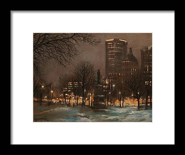 City At Night Framed Print featuring the painting Juneau Park Milwaukee by Tom Shropshire
