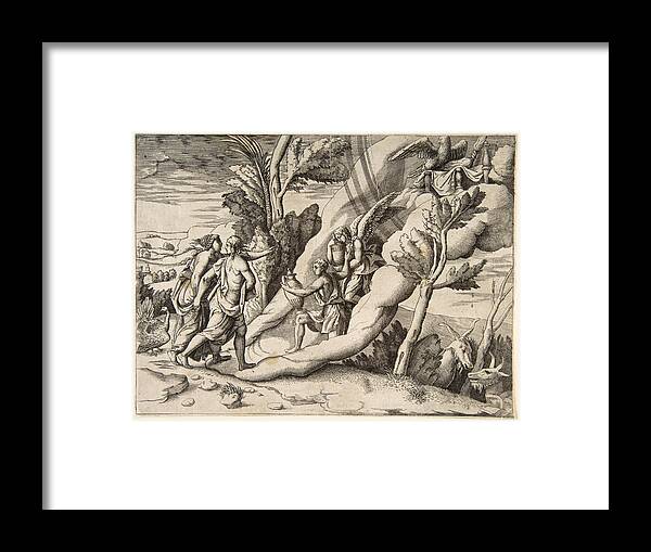 Giulio Bonasone Framed Print featuring the drawing Jupiter and Juno being received in the heavens by Ganymede and Hebe by Giulio Bonasone