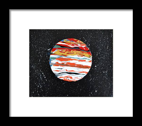 This Is A Abstract Painting Of The Planet Jupiter. The Flow Technique Was Used With Acrylic Colors. The Five Acrylic Colors Used Were Poured In A Circle Area Tilted To Get This Affect. The Distant White Stars Were Also Included In This Painting. Framed Print featuring the painting Jupiter by Martin Schmidt