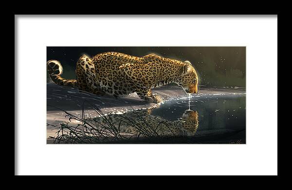 Leopard Framed Print featuring the digital art Just A Sip by Aaron Blaise